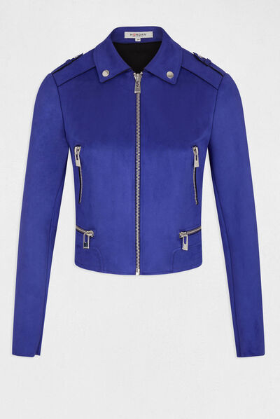 Straight jacket with suede effect mid blue ladies'