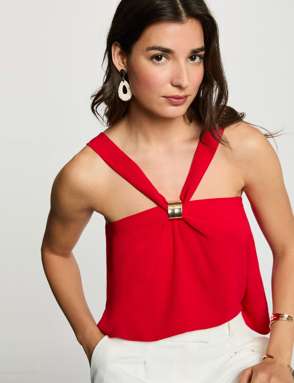 Pleated high neck top red women