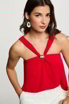 Pleated high neck top red women