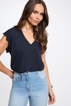 V-neck short-sleeve t-shirt navy blue women