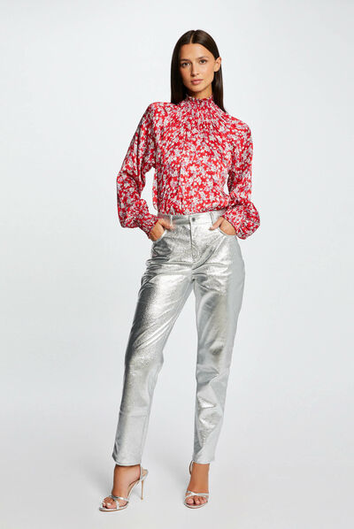 Faux leather straight trousers silver ladies'