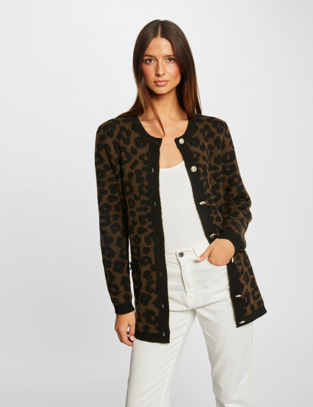 Mid-length cardigan leopard print black women