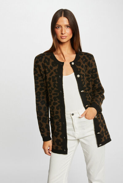 Mid-length cardigan leopard print black ladies'