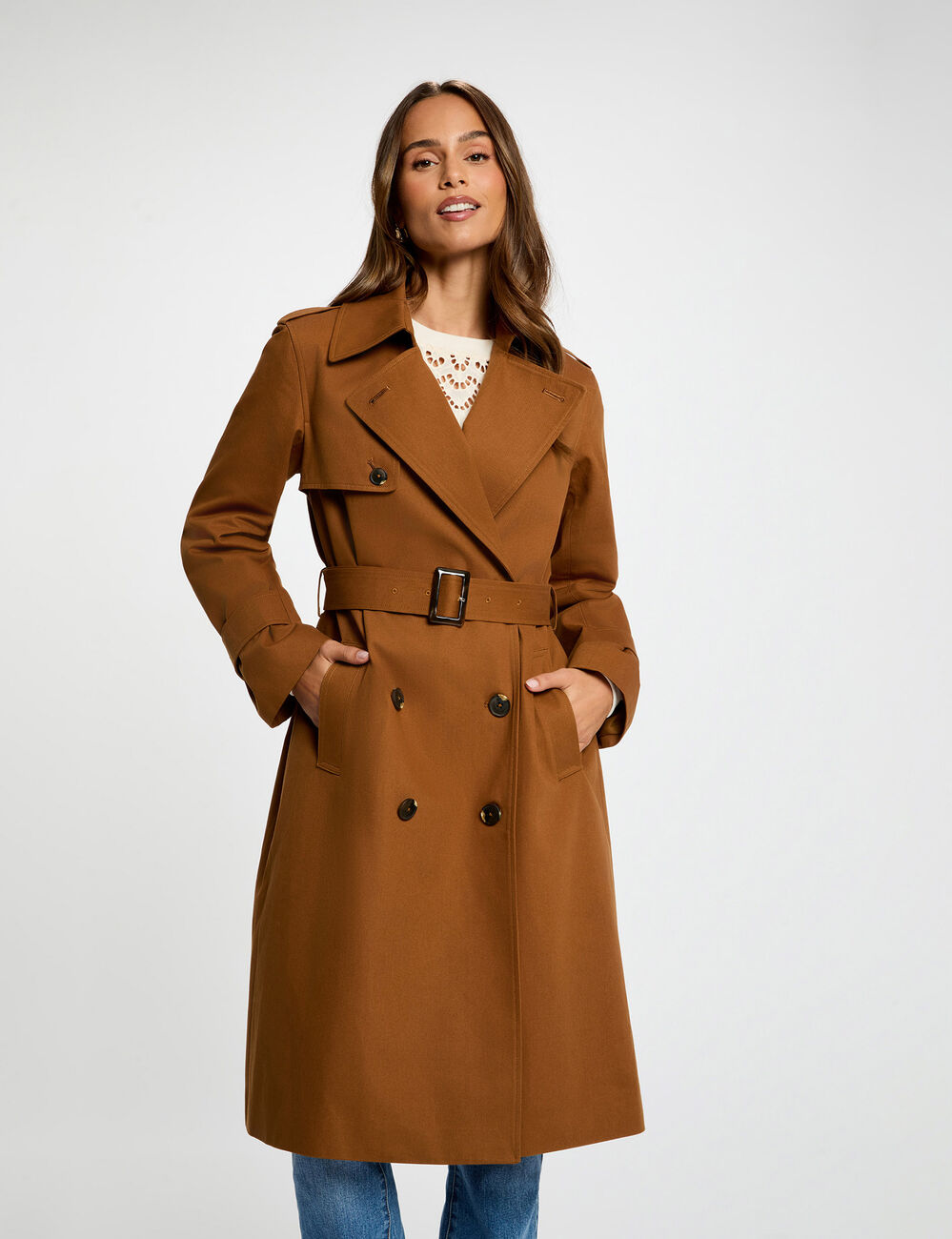Long trench coat with tailored collar cognac brown women