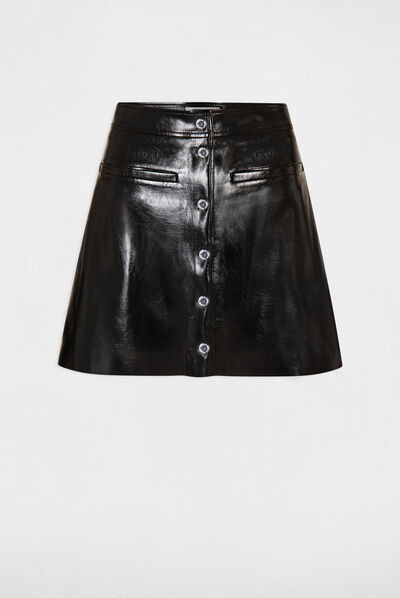 Buttoned straight skirt vinyl effect black ladies'