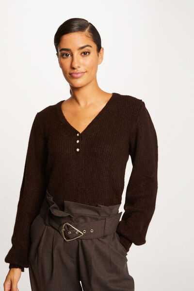 Long-sleeved jumper with V-neck dark brown ladies'