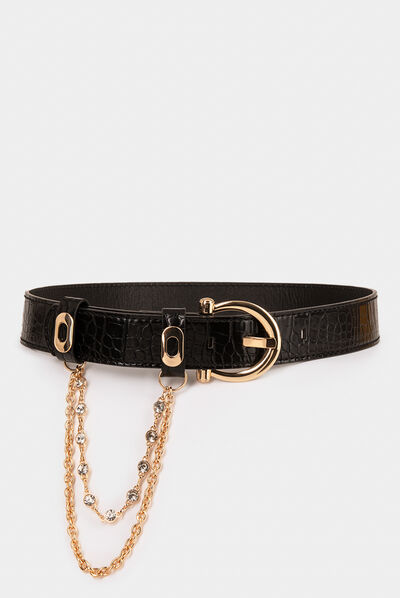 Belt with croc effect and chains black ladies'
