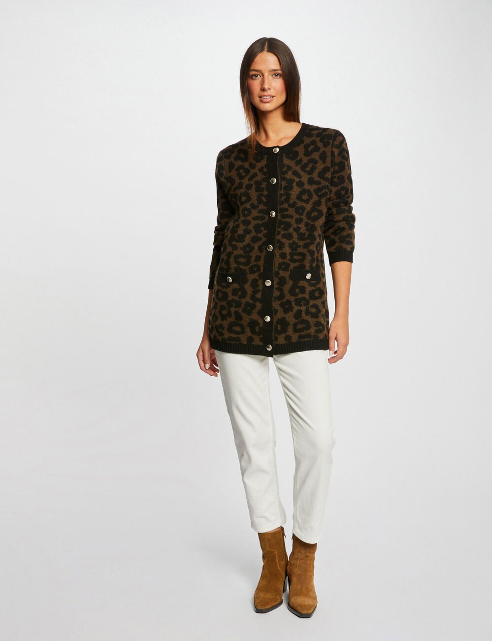 Mid-length cardigan leopard print black women