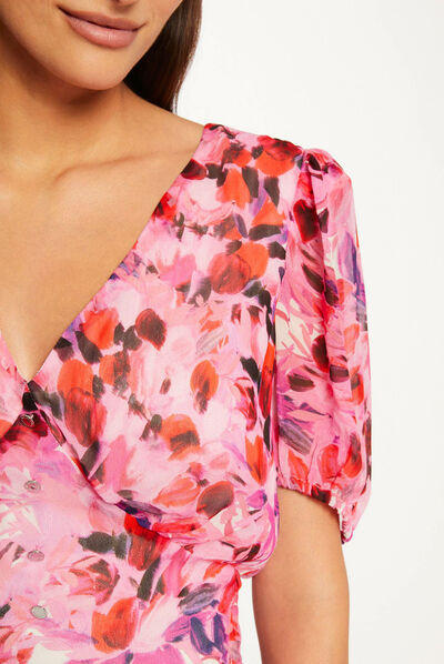 Waisted dress V-neck and floral print multico ladies'