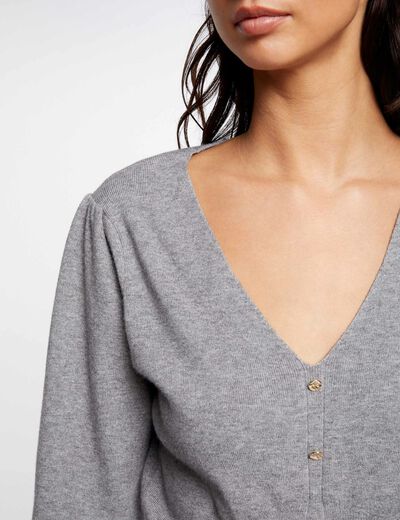 Long-sleeved jumper with V-neck mid-grey ladies'