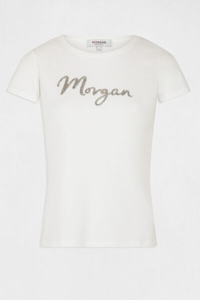 Short-sleeved t-shirt with message ecru ladies'