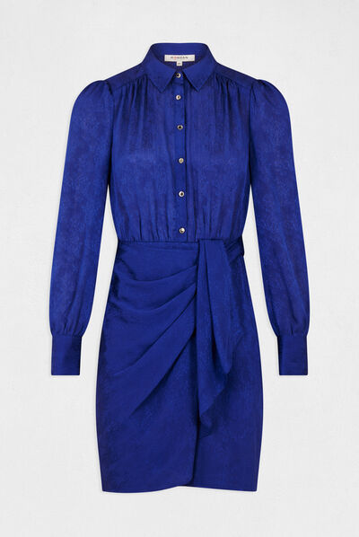 Printed satin draped straight dress electric blue ladies'