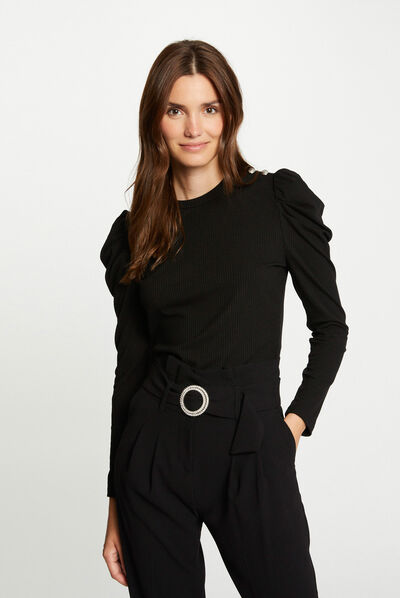 Ribbed long-sleeved t-shirt black ladies'