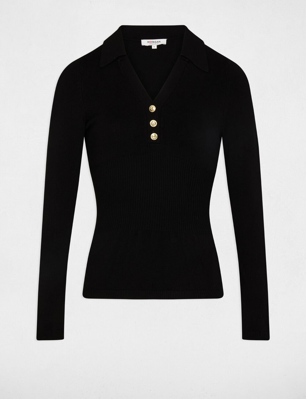 Pull ajusté col polo noir femme