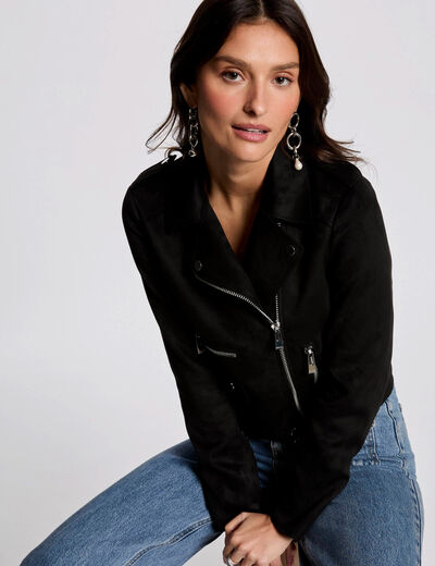 Zipped short suede jacket black women