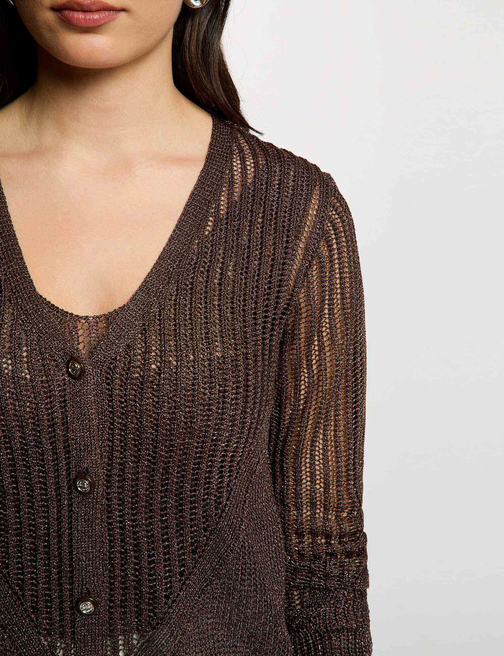 Openwork long-sleeved cardigan dark brown women