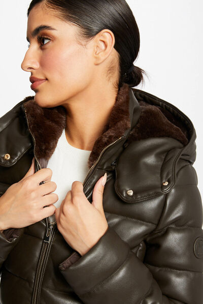 Straight padded jacket with hood chestnut brown ladies'