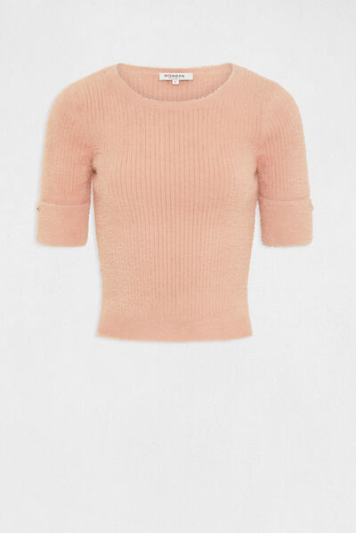 Short-sleeved ribbed jumper antique pink ladies'