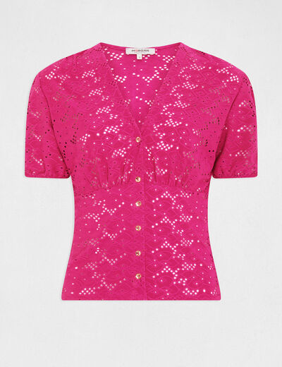 Embroidered short-sleeved t-shirt raspberry ladies'