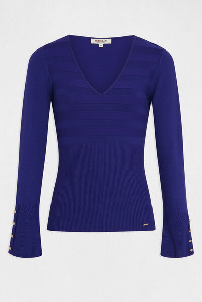 Long-sleeved jumper with V-neck mid blue ladies'