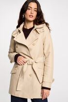 Waisted belted trenchcoat with hood sand women