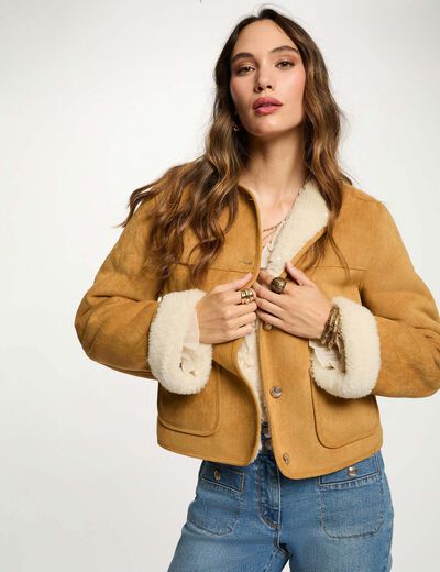 Short faux fur jacket camel women