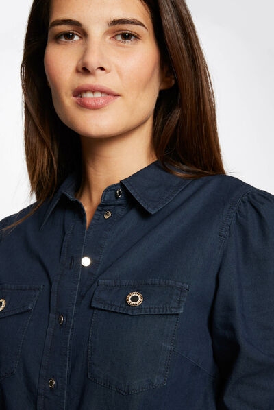 Long-sleeved denim shirt raw denim ladies'