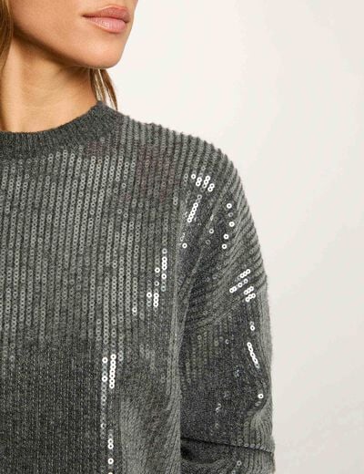Sequin sweater with round neck dark grey women