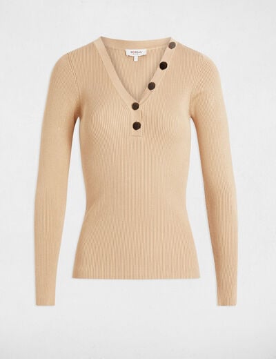 Long-sleeved jumper buttons fine knit light brown women