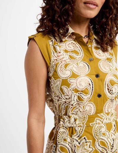 Embroidered A-line dress khaki green women