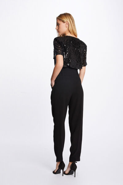 High-waisted straight belted trousers black ladies'