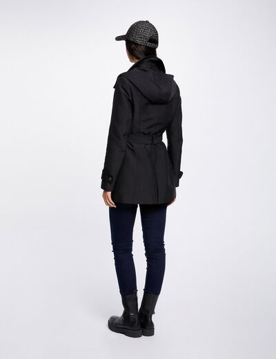 Waisted belted trenchcoat with hood black women