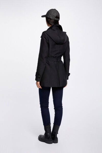 Waisted belted trenchcoat with hood black ladies'
