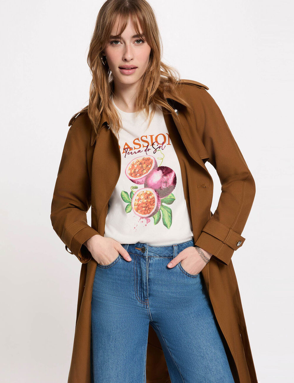 Long belted trench coat camel women