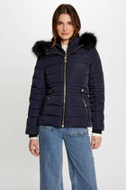 Waisted padded jacket hood navy women