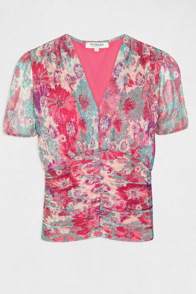 Short-sleeved t-shirt floral print pink ladies'