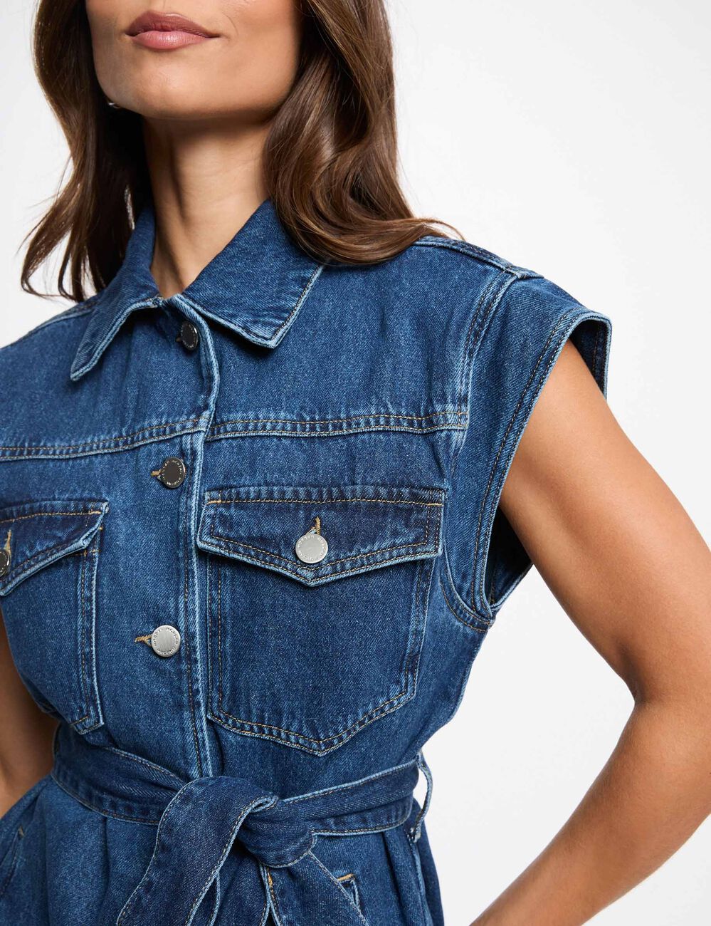 Sleeveless denim jacket raw denim women