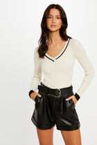 Pull manches longues col en V ivoire femme