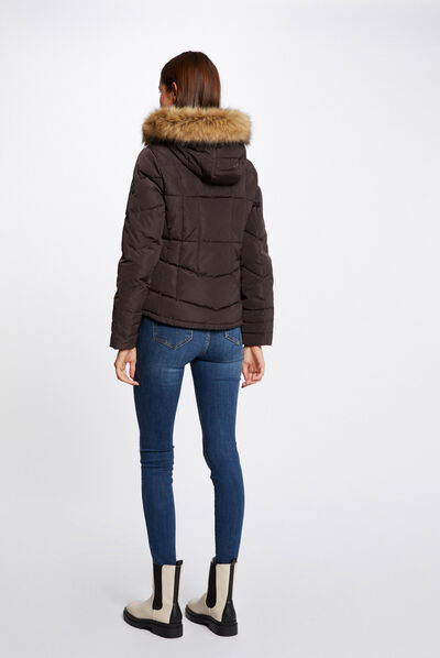 Straight padded jacket with hood chestnut brown ladies'