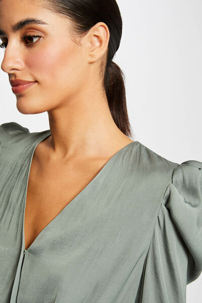 Long-sleeved blouse wrap-over neckline mid-green ladies'