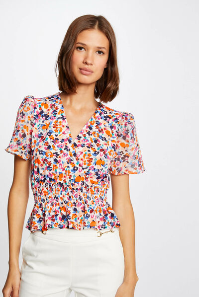 Short-sleeved t-shirt floral print ecru ladies'