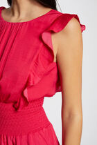Robe longue évasée à taille smockée framboise femme