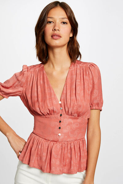 Short-sleeved blouse paisley print rust ladies'