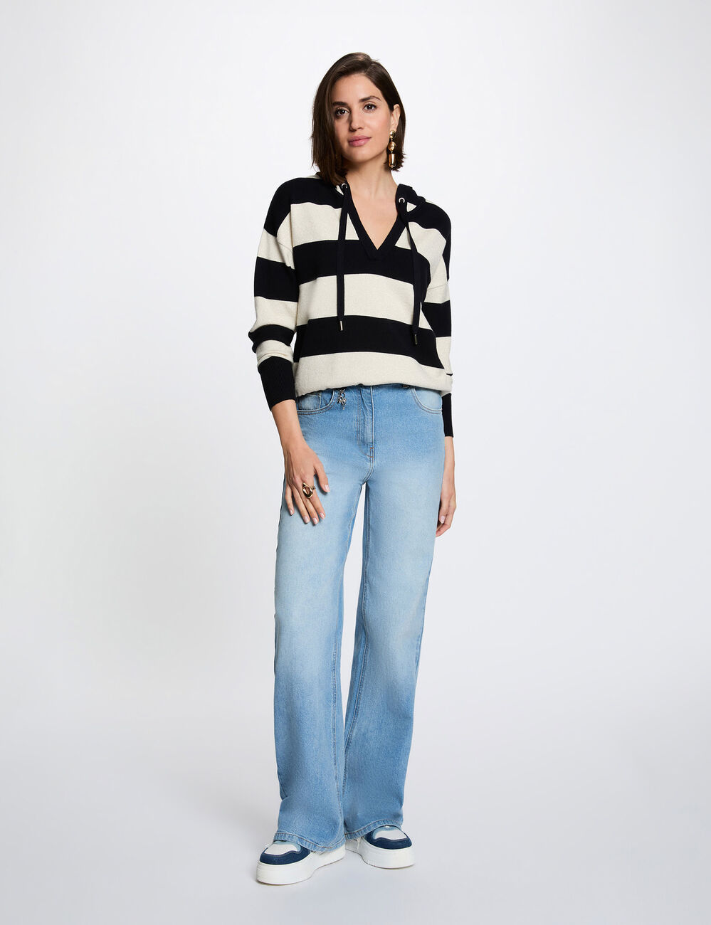 Striped sweater with hood navy blue women