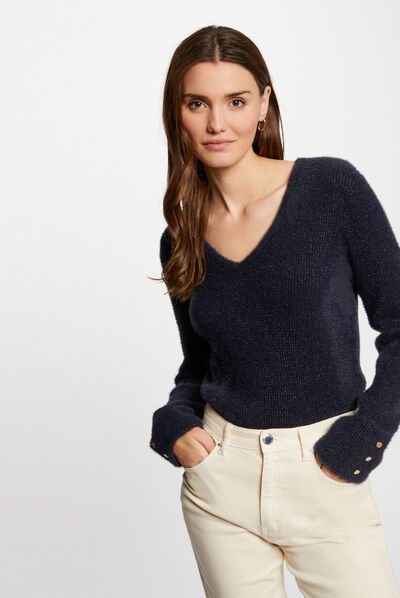 Long-sleeved jumper with V-neck navy ladies'
