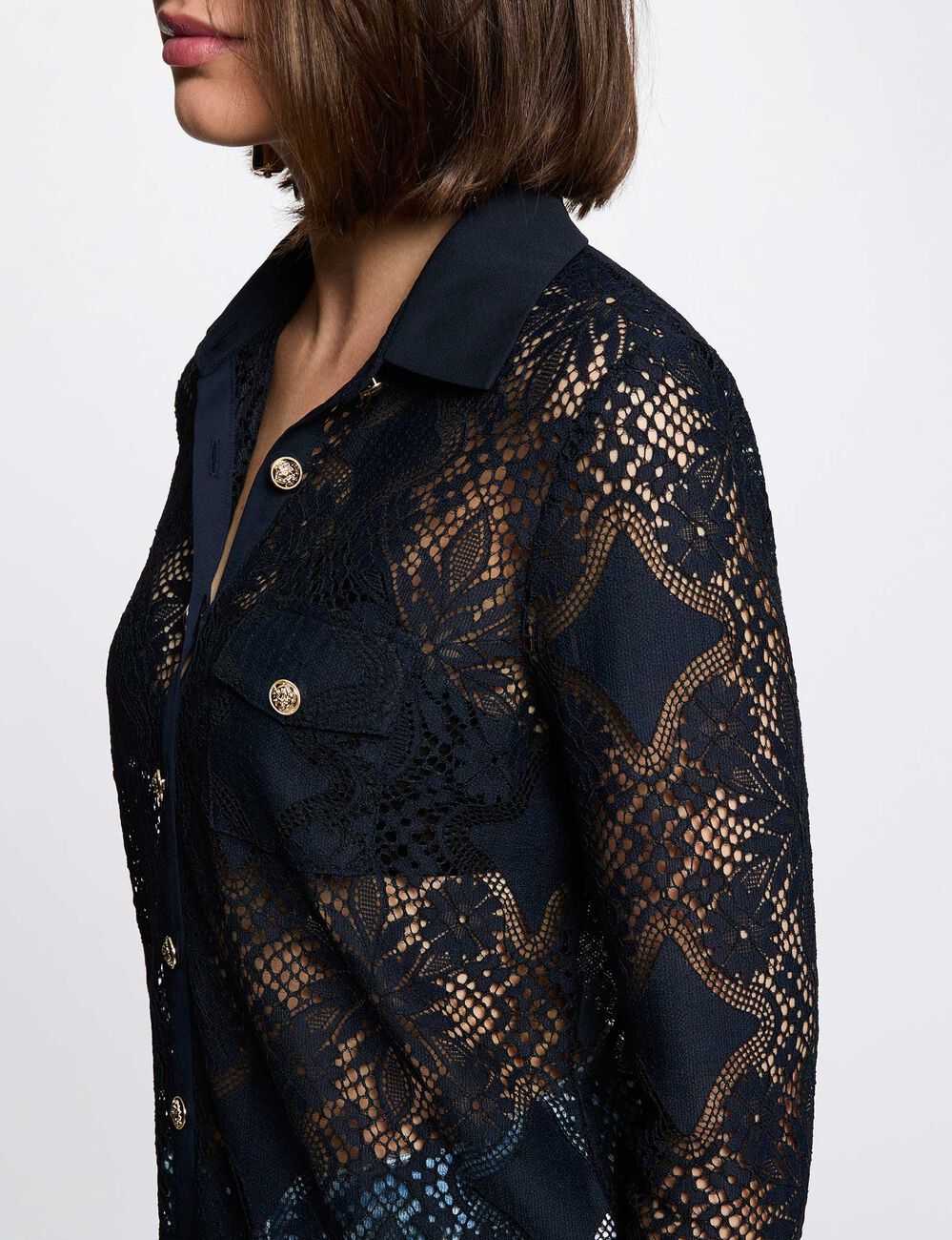 Lace shirt with a notched collar navy blue women