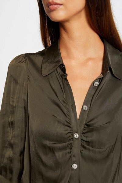 3/4-length sleeved satin shirt dark green ladies'