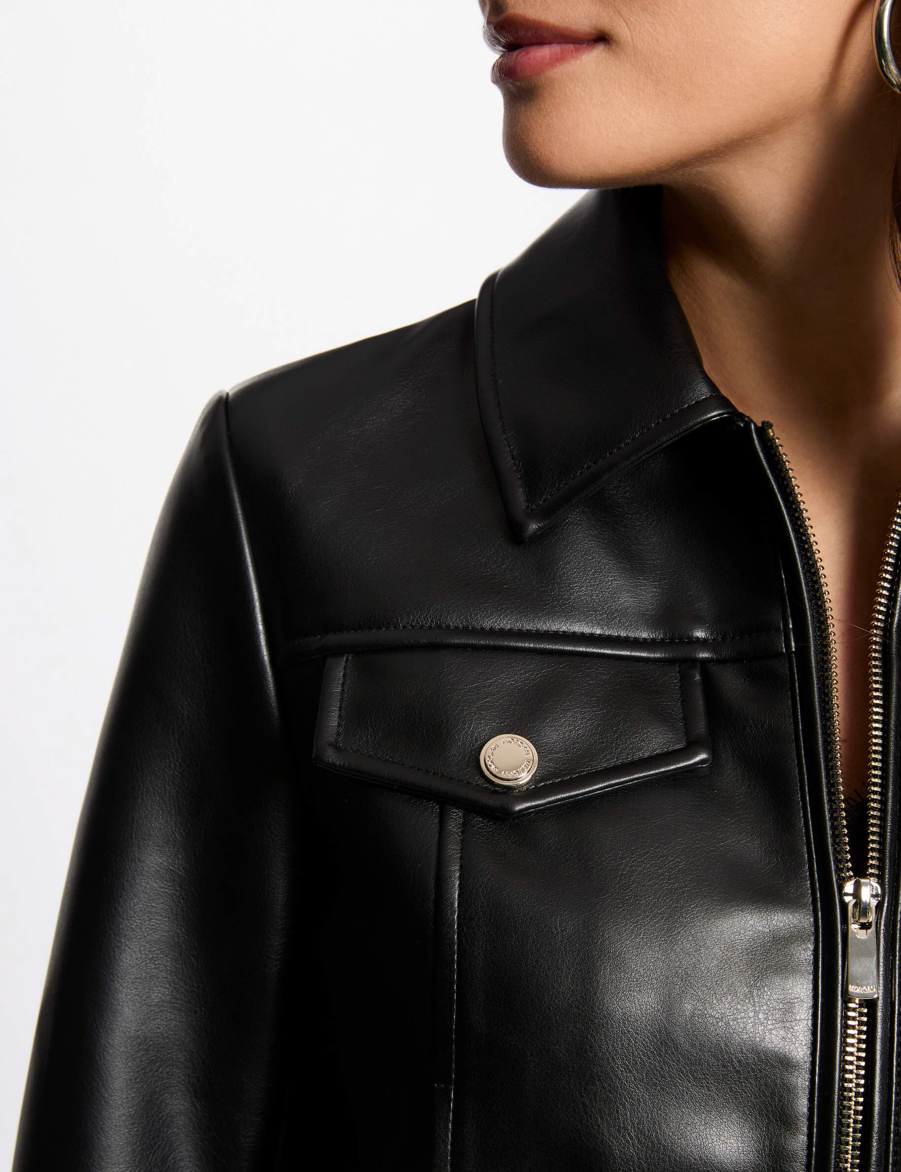 Short faux leather jacket black women | Morgan