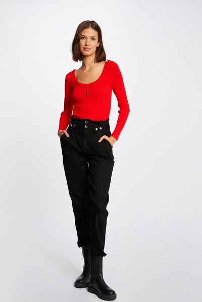 Long-sleeved jumper with U-neck red ladies'