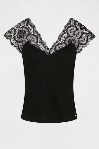 Short-sleeved t-shirt with lace black ladies'